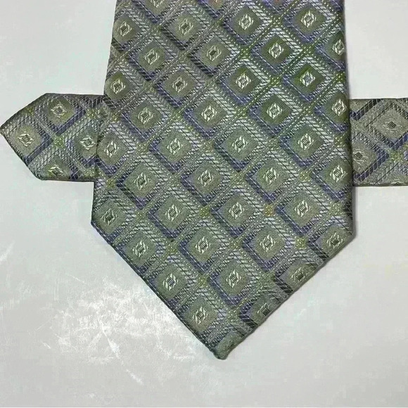 Platinum Designs Hand Made 100% Silk Men’s Necktie Geometric Blue & Tan Long Tie - Picture 2 of 6